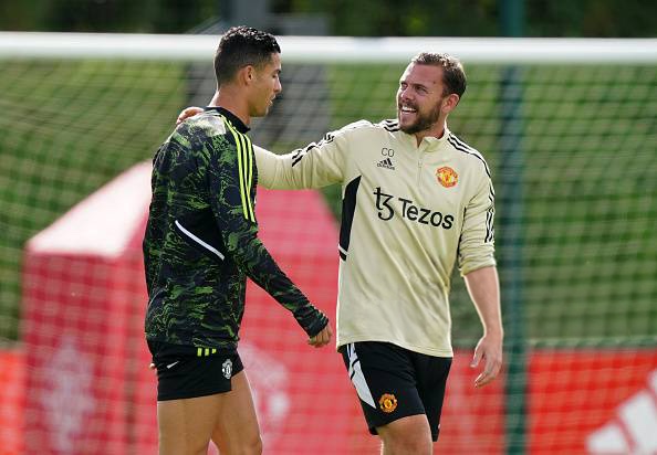 Charlie Owen with Cristiano Ronaldo in first-team training at Carrington